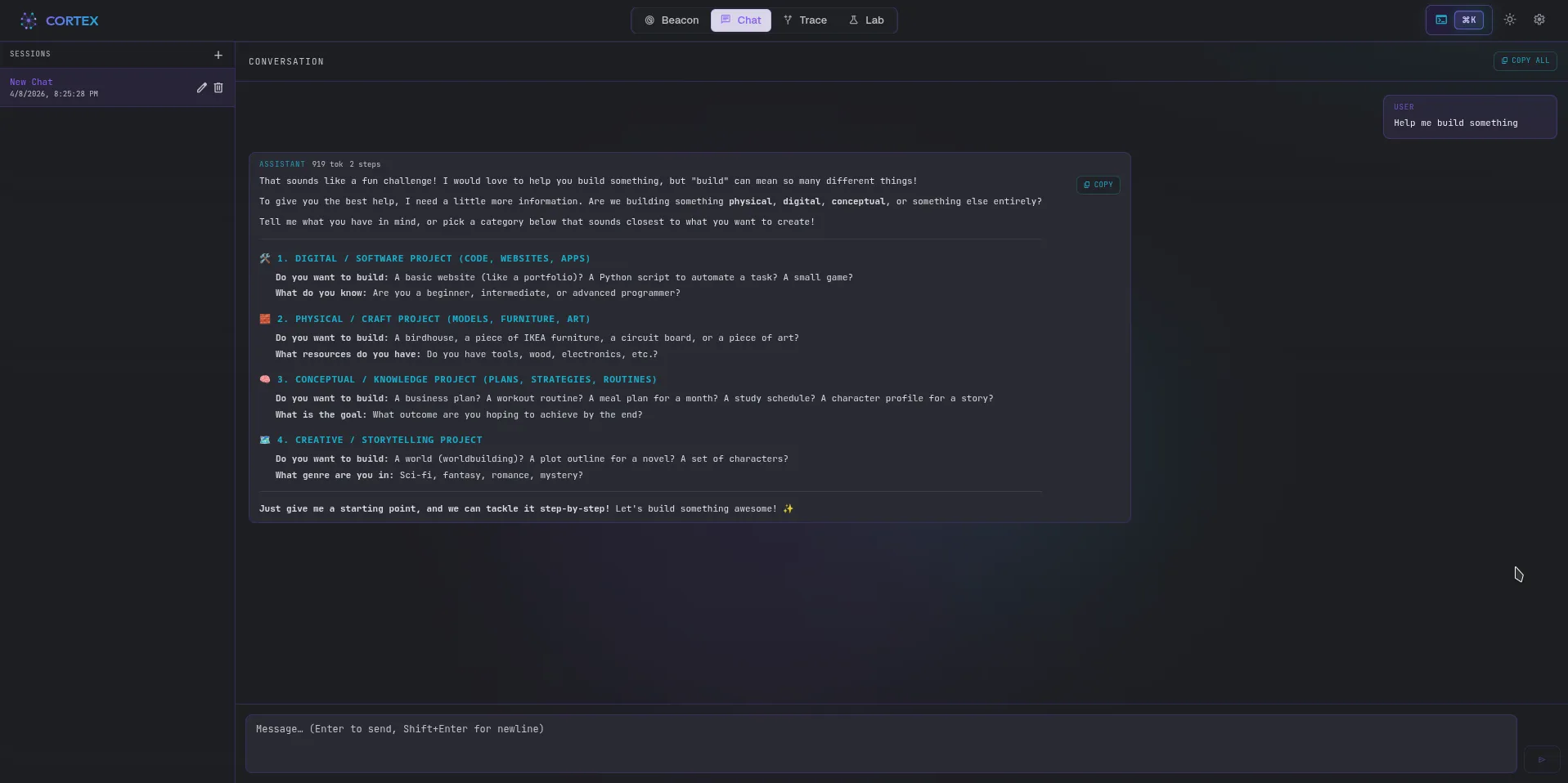 Cortex Chat — a live multi-turn conversation. The left panel lists sessions; the main area shows the assistant's rich markdown response with categorized options. Token count and step count are shown per message.